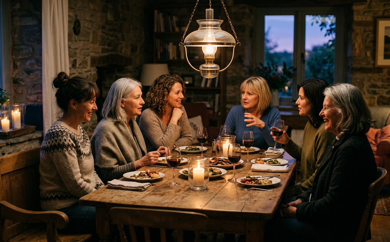 Illustration : des femmes réunies autour d’une table à la lueur des bougies