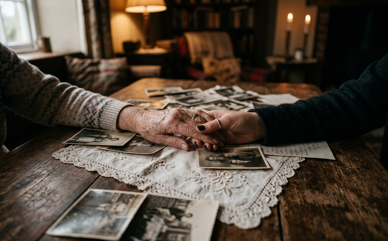 Illustration : deux mains de générations différentes sur des photographies anciennes