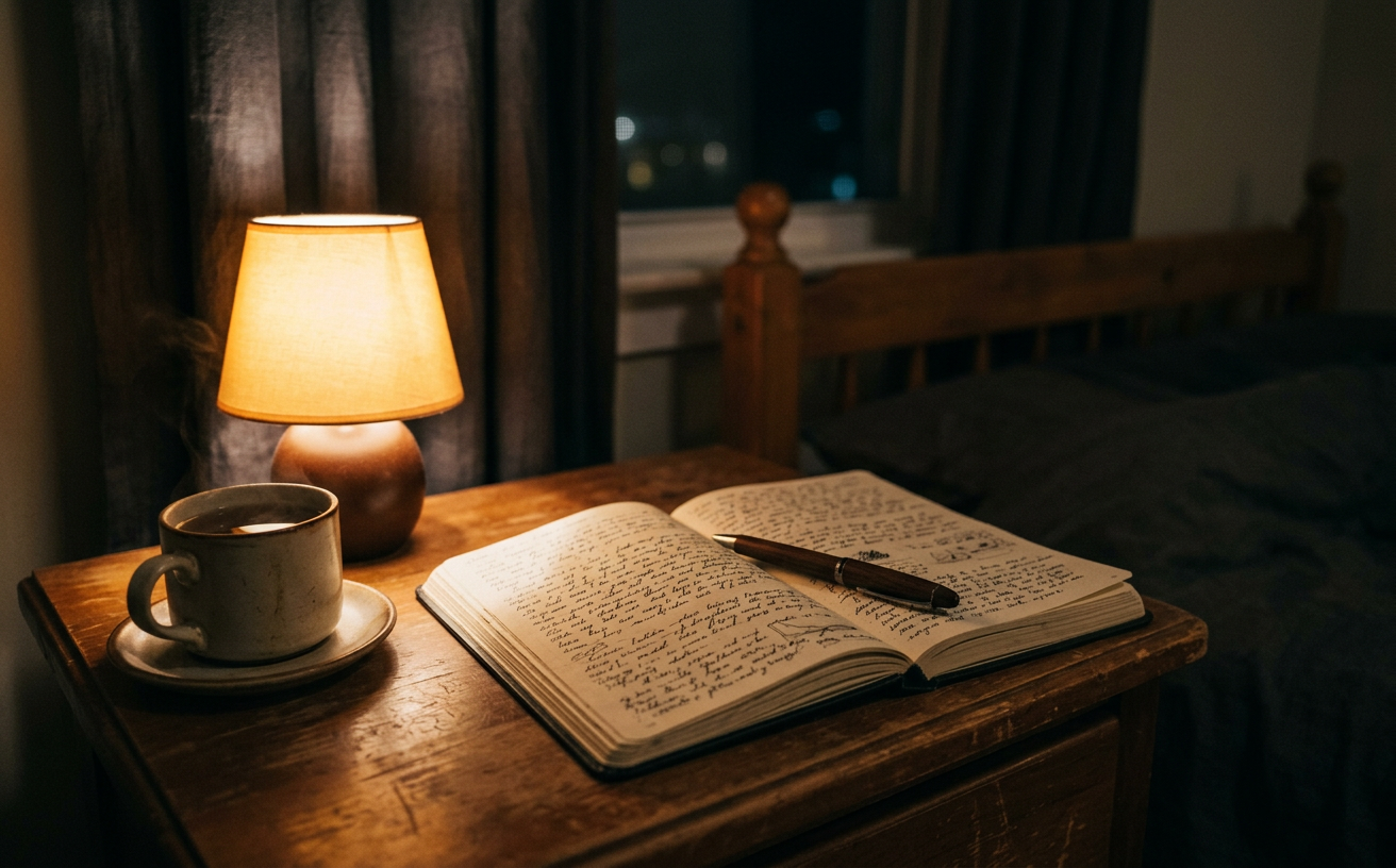 Illustration : un carnet ouvert et une lampe sur une table de chevet